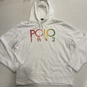 Polo Ralph Lauren Hoodie Mens Large White POLO 1992 Graphic Pullover Sweatshirt
